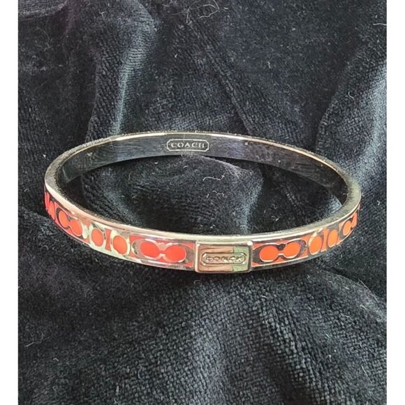 Coach Signature Logo Orange Enamel Silver Tone Thin Bangle Kissing Cs - Picture 1 of 5
